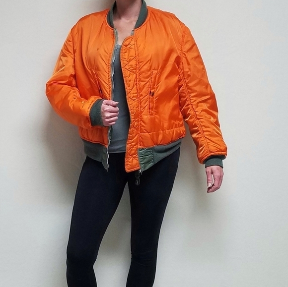 VINTAGE 80s US Army Green Orange Reversible Flyers Jacket Flight Jacket Airforce - Picture 3 of 16